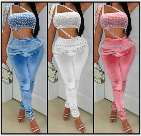 Women Sexy Sleeveless Bling Velour Two Piece Pant Set