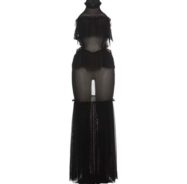 Women Sexy Halter Sleeveless Black Ruffled Mesh Maxi Dress