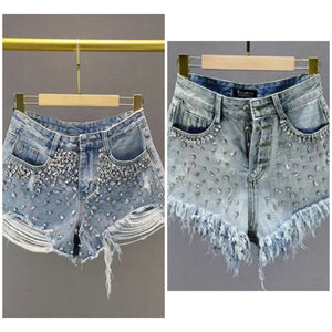 Women Fashion Ripped Rhinestone Patchwork Denim Shorts