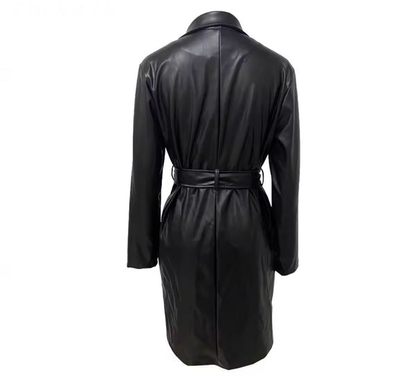 Women Fashion Black PU Leather Belted Trench Jacket