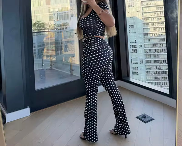 Women Fashion Polka Dot Headband Three Piece Pant Set