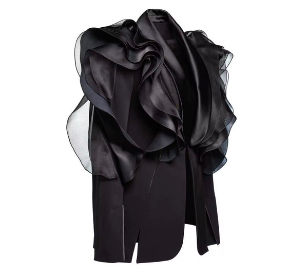 Women Black Ruffled Full Sleeve Fashion Blazer Top