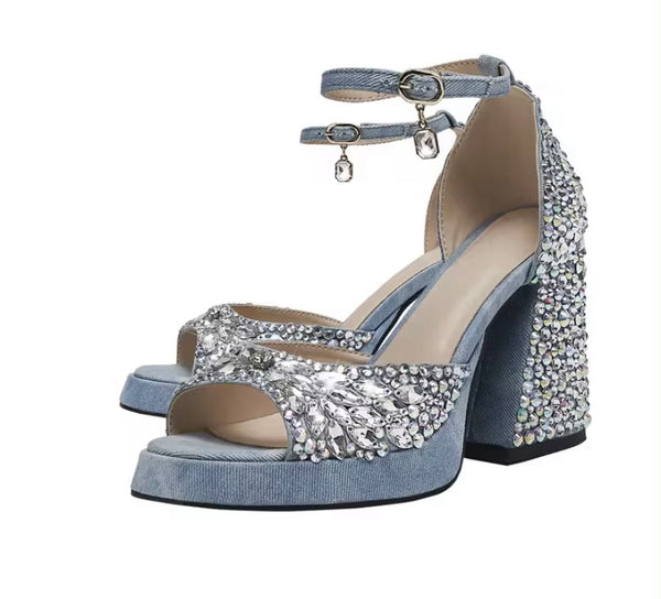 Women Fashion Beaded Bling Platform Ankle Strap Sandals