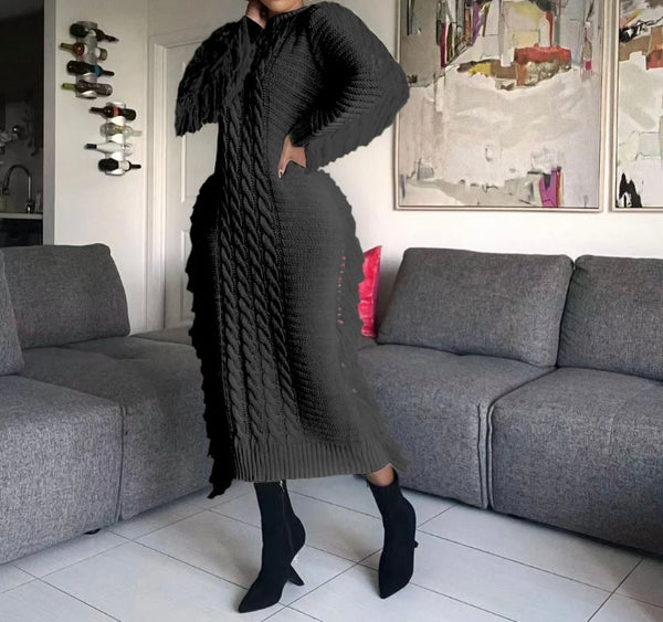 Women Full Sleeve Fringe Fashion Sweater Maxi Dress