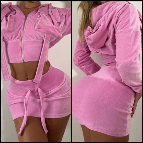 Women Pink Velour Hooded Fashion Two Piece Skirt Set
