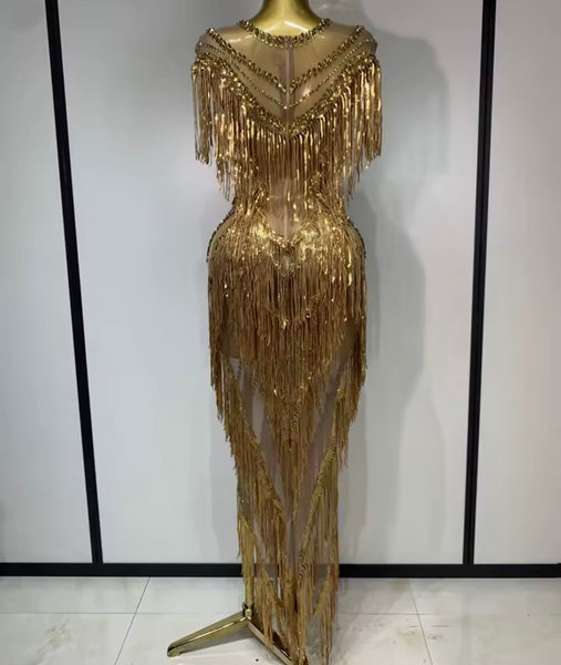 Women Sexy Sleeveless Gold Rhinestone Tassel Maxi Dress