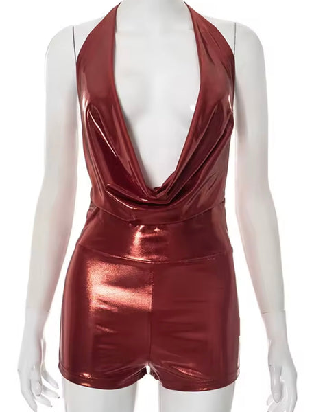 Women Sexy Halter Sleeveless PU Jumpsuit