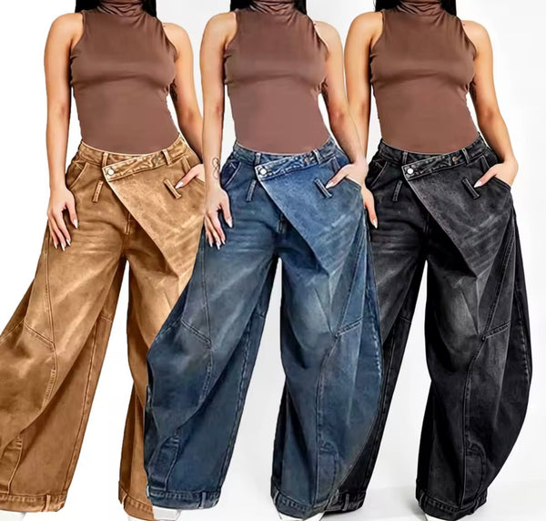 Women Fashion Denim Wrap Wide Leg Pants
