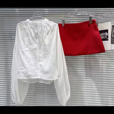 Women White Full Sleeve Two Piece Red Skirt Set