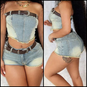 Women Two Piece Sexy Strapless Crop Denim Short Set