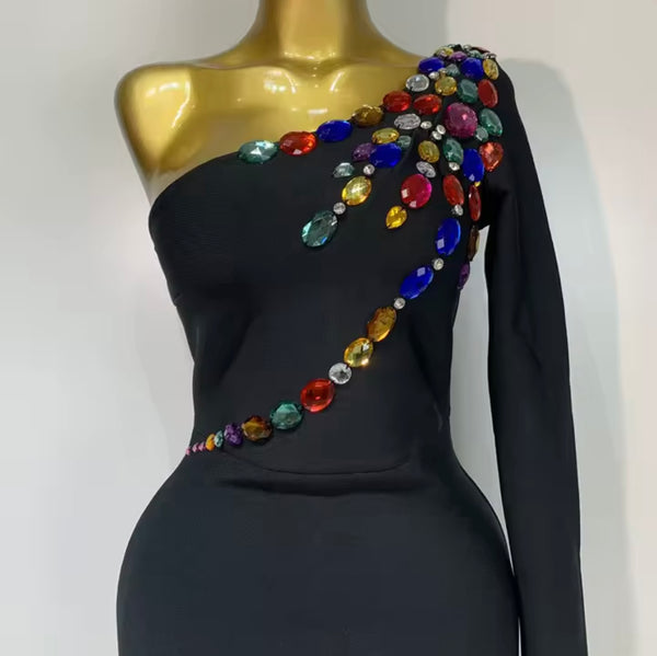 Women Black Color Crystal One Shoulder Full Sleeve Maxi Dress