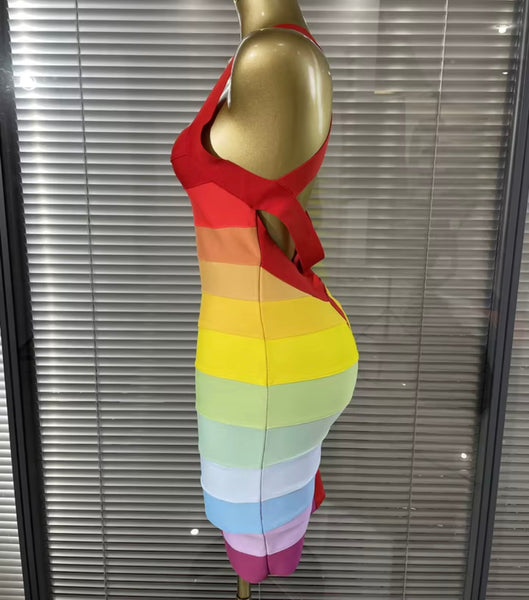 Women Sleeveless Open Back Striped Rainbow Bandage Dress
