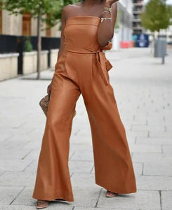 Women Sexy Fashion Strapless Faux Leather Wide Leg Jumpsuit