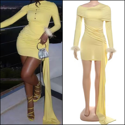Women Sexy Yellow Feather Full Sleeve Ruched Dress