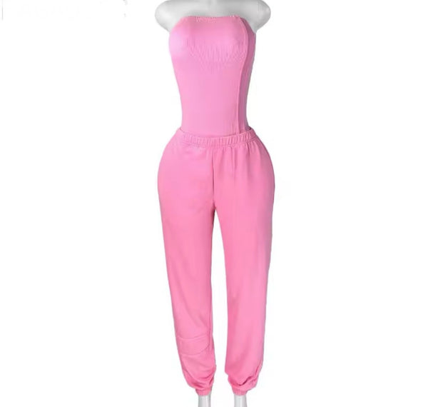 Women Strapless Color Bodysuit Two Piece Fashion Pant Set