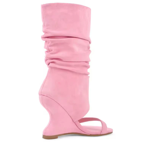 Women Fashion Open Toe Ruched Suede Wedge Mid Length Boots