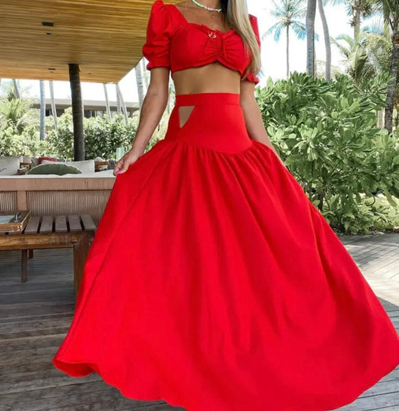 Women Sexy Red Short Sleeve Crop Two Piece Maxi Skirt Set