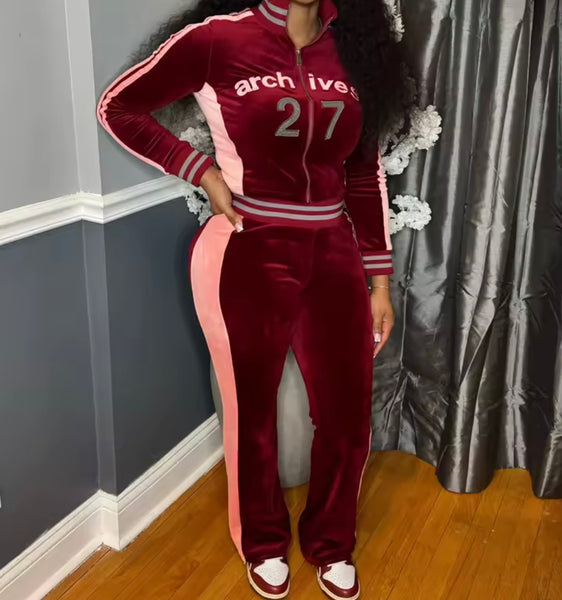 Women Letter Number Print Zip Up Velour Tracksuit Two Piece Pant Set