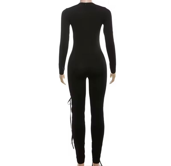 Women Color Full Sleeve Cut Out Tie Up Fashion Jumpsuit