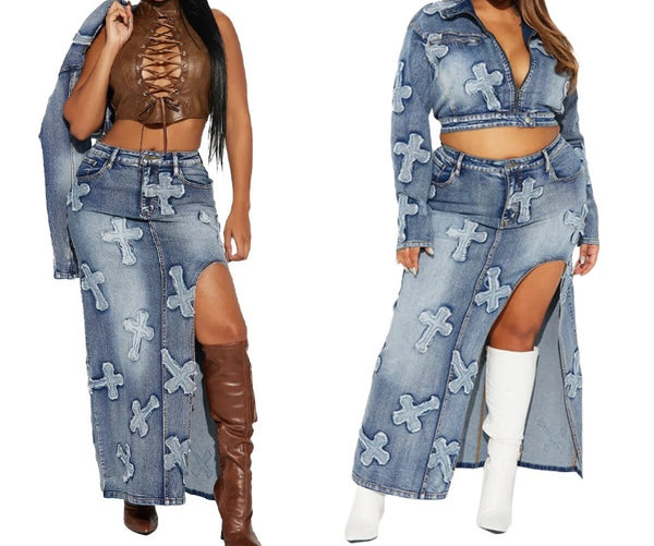 Women Fashion Printed Two Piece Denim Jacket Maxi Skirt Set