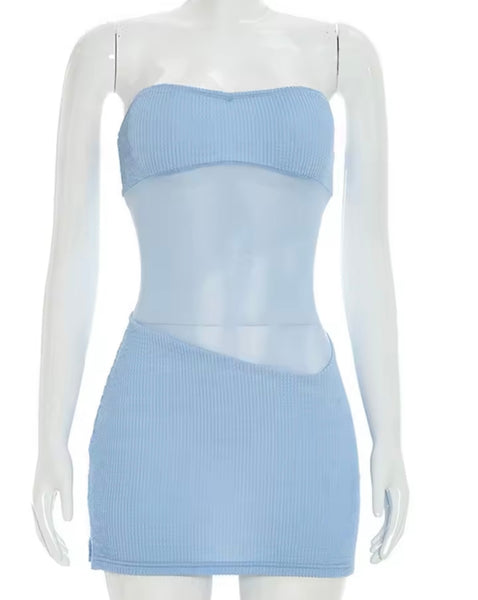 Women Sexy Strapless Mesh Patchwork Knitted Dress