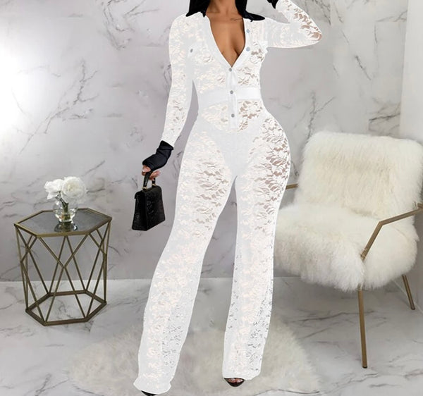 Women Sexy B&W Collar Lace Full Sleeve Jumpsuit