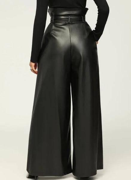 Women Side Zipper Fashion Faux Leather Wide Leg Pants