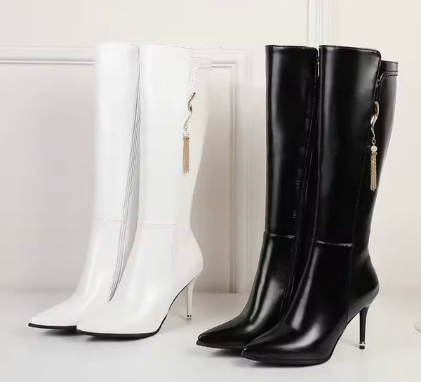 Women Pointed Toe Chain Tassel Knee High Fashion Boots