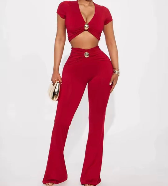 Women Sexy Red Metal Ruched Short Sleeve Two Piece Pant Set