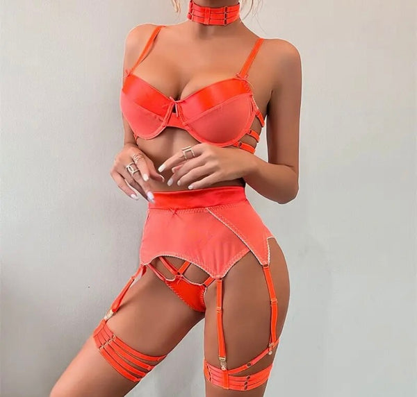 Women Sexy Choker Satin Mesh Lingerie Set