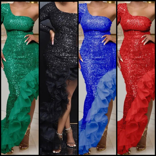 Women Sexy One Shoulder Full Sleeve Sequins Ruffled Maxi Dress