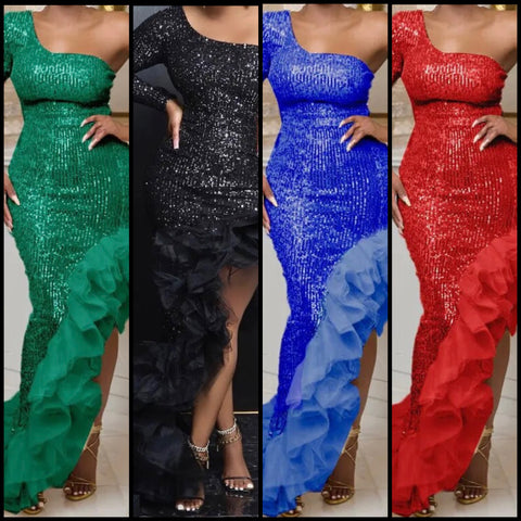 Women Sexy One Shoulder Full Sleeve Sequins Ruffled Maxi Dress