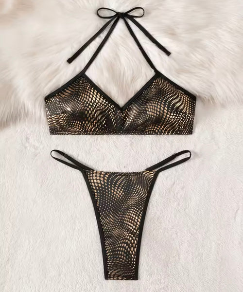 Women Sexy Black Printed Tie Up Halter Bikini Swimsuit