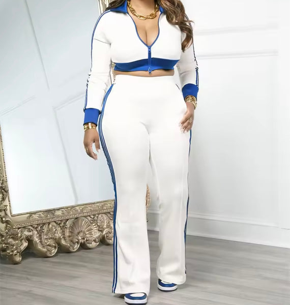Women Color Fashion Full Sleeve Striped Tracksuit Two Piece Pant Set