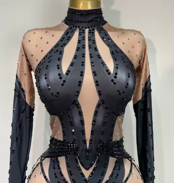 Women Rhinestone Color Patchwork Mesh Full Sleeve Jumpsuit