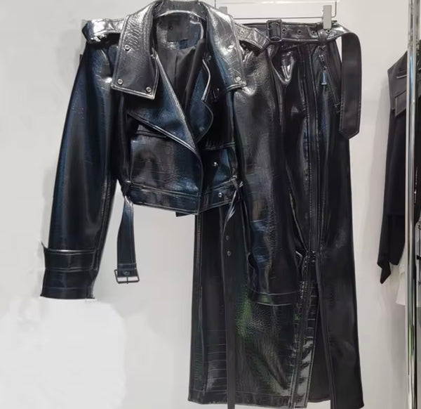 Women Sexy Fashion Black Faux Leather Jacket Two Piece Skirt Set
