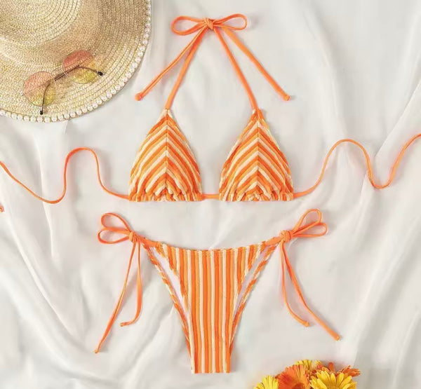 Women Sexy Tie Up Halter Striped Bikini Swimsuit