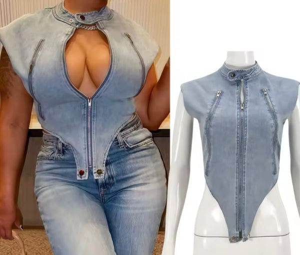 Women Zip Up Sleeveless Denim Top