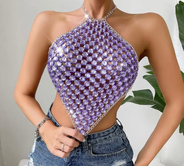 Women Sexy Fashion Purple Crystal Chain Halter Crop Top