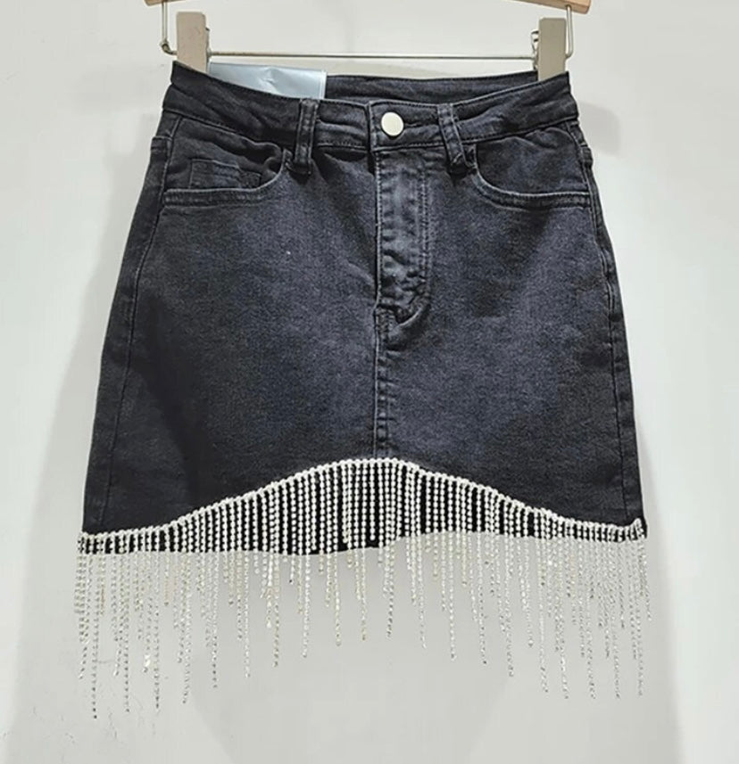 Women Fashion Bling Tassel Denim Skirt