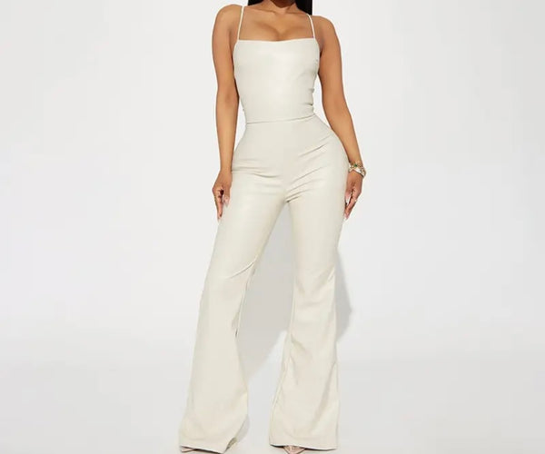 Women Sexy PU Solid Color Sleeveless Jumpsuit