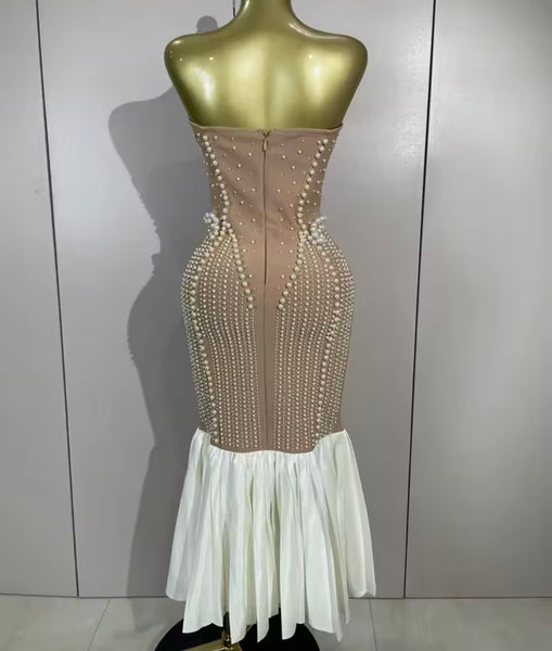 Women Sexy Strapless Rhinestone Pearl Mermaid Maxi Dress