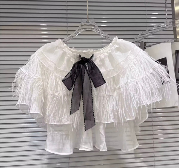 Women Ruffled Feather Tie Short Sleeve Two Piece Maxi Skirt Set
