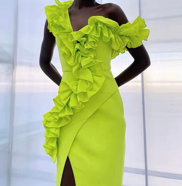 Women Green Ruffled Front Split Maxi Dress