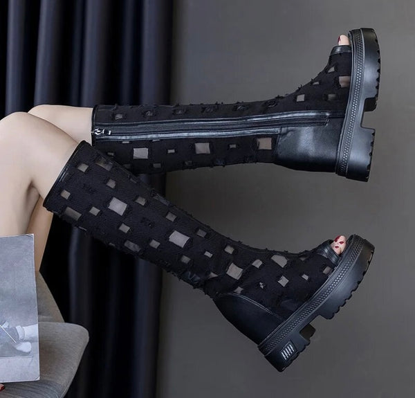 Women Open Toe Mesh Patchwork Fashion Platform Knee High Boots