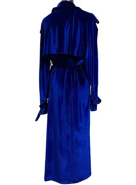 Women Blue Fashion Velvet Belted Trench Jacket