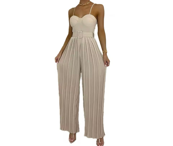 Women Sleeveless Solid Color Fashion Pleated Jumpsuit