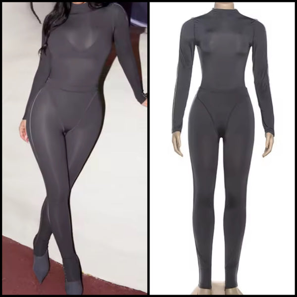 Women Gray See Through Full Sleeve Bodysuit Two Piece Pant Set