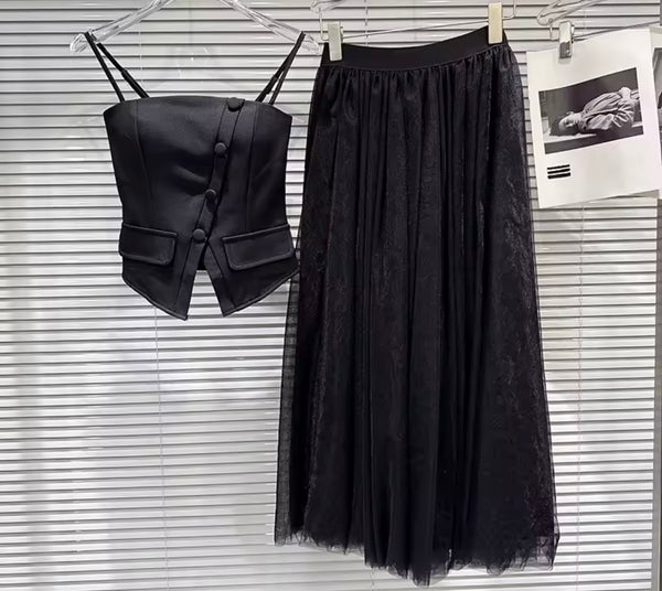 Women Button Up Sleeveless Crop Two Piece Maxi Skirt Set