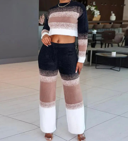 Women Multicolored Striped Fashion Two Piece Full Sleeve Pant Set